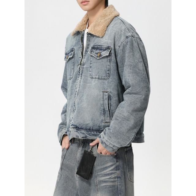 FAERIS-Collar Fleece-Lined Washed Denim Zip Jacket