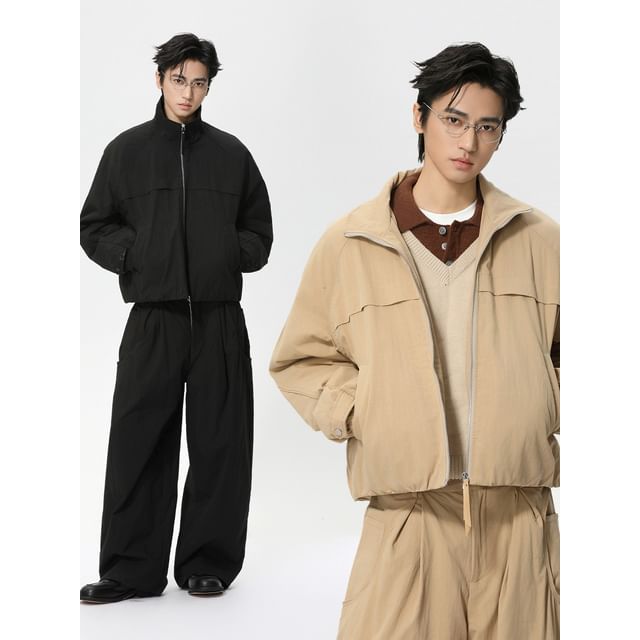 FAERIS-Collar Plain Padded Zip Jacket Mid Rise Wide Leg Pants