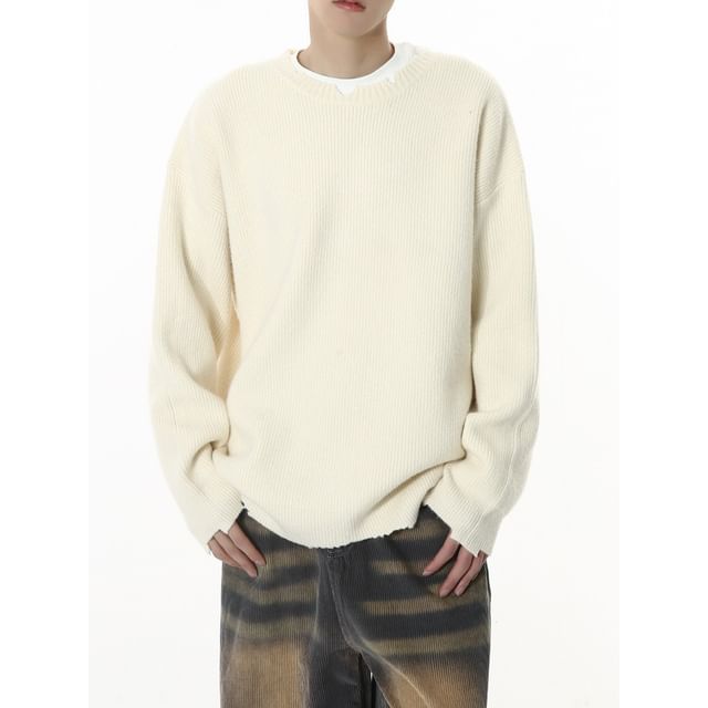 FAERIS-Crew Neck Distressed Ribbed Sweater