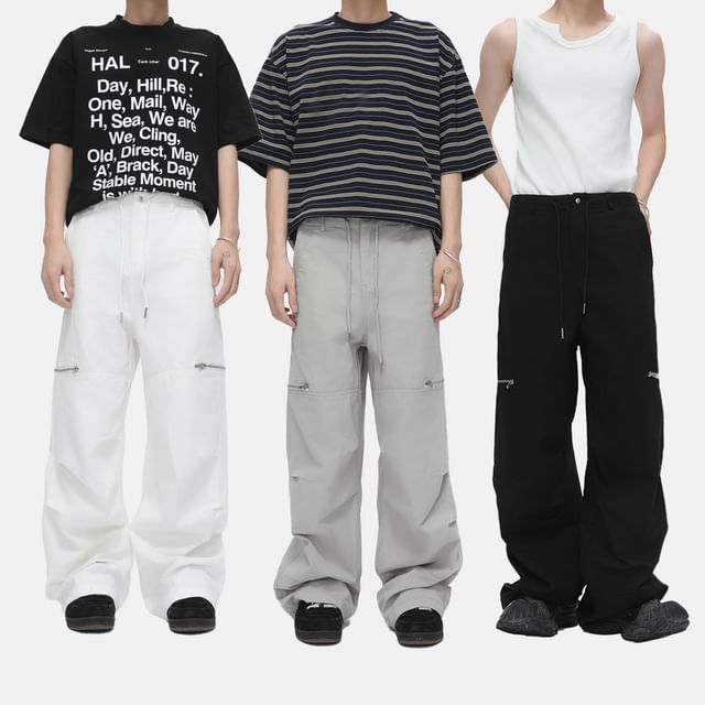 FAERIS-Drawstring Waist Plain Straight Leg Cargo Pants