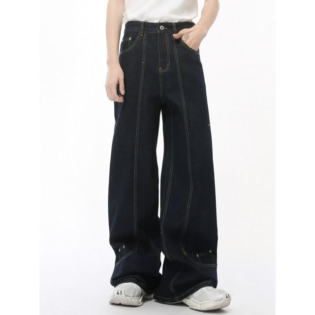 FAERIS-Mid Rise Unwashed Panel Baggy Jeans