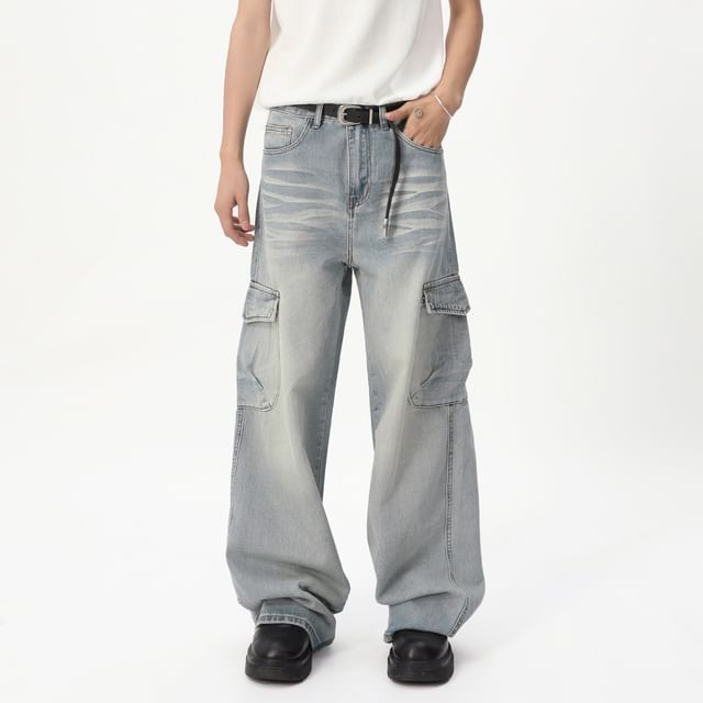 FAERIS-Mid Rise Washed Baggy Cargo Jeans