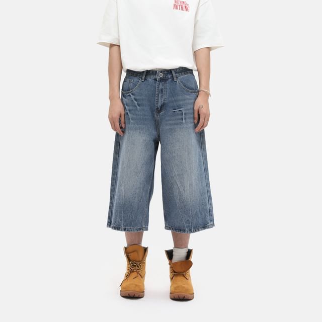 FAERIS-Mid Rise Washed Capri Straight Leg Jeans