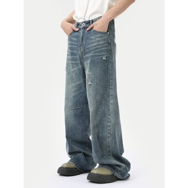 FAERIS-Mid Rise Washed Distressed Wide Leg Jeans