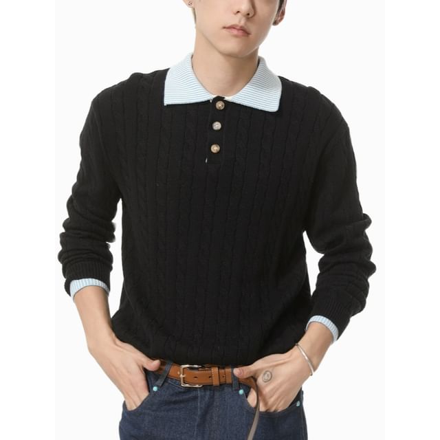 FAERIS-Mock Two-Piece Long-Sleeve Striped Collar Sweater