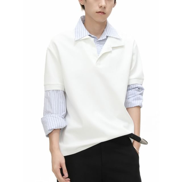 FAERIS-Mock Two-Piece Long-Sleeve Striped Collar Sweatshirt
