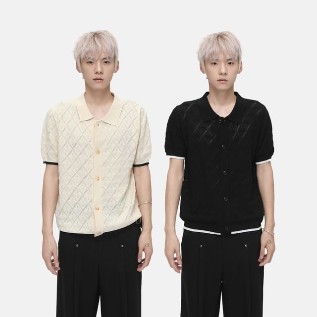 FAERIS-Short Sleeve Collared Contrast Trim Pointelle Cardigan