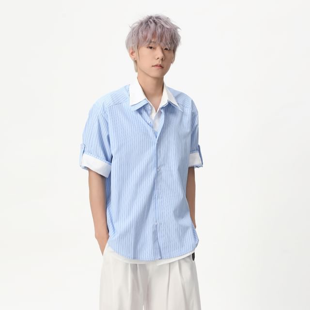 FAERIS-Short-Sleeve Collared Pinstriped Mock Two Piece Button Up Shirt