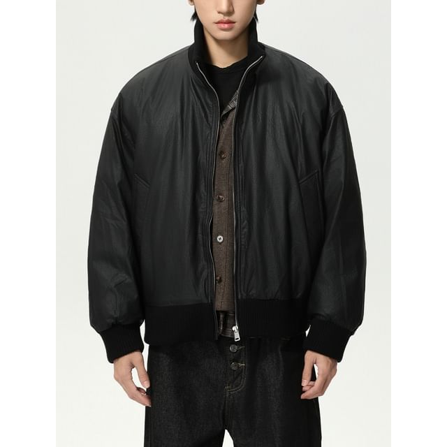 FAERIS-Stand Collar Plain Down Faux Leather Zip Jacket