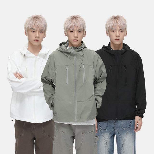 FAERIS-Stand Collar Plain Hood Panel Zip Jacket