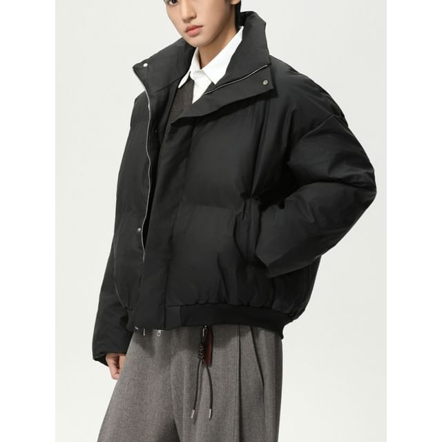FAERIS-Stand Collar Plain Padded Faux Leather Zip Jacket