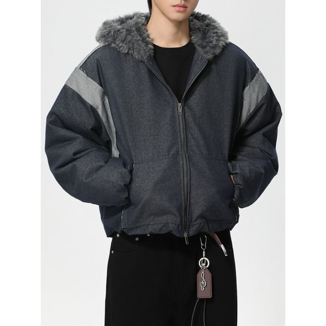 FAERIS-Two Tone Fluffy Trim Hooded Padded Zip Jacket