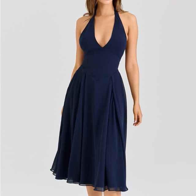 Faiar-Halter-Neck Plain Midi A-Line Dress