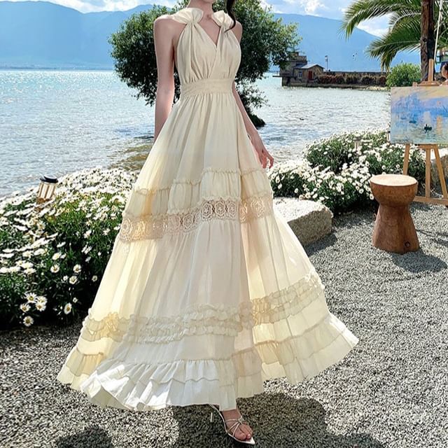 Faiar-Halter V-Neck Plain Lace Panel Frill Trim Open Back Maxi A-Line Dress