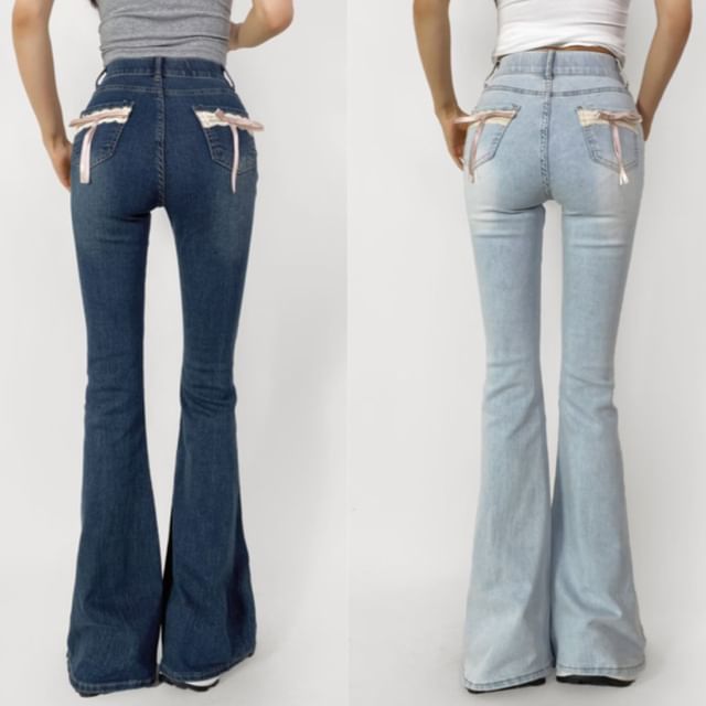 Faiar - High Rise Washed Lace Trim Bow Flared Jeans | YesStyle