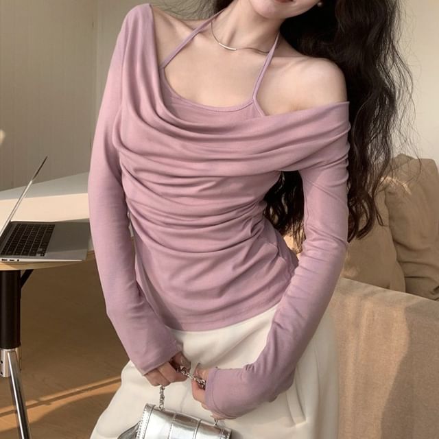 Faiar-Long Sleeve Halter Plain Mock Two Piece Ruched Top
