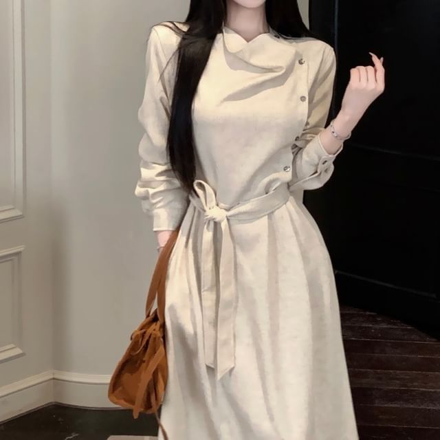 Faiar-Long-Sleeve Plain Sashed Midi A-Line Dress