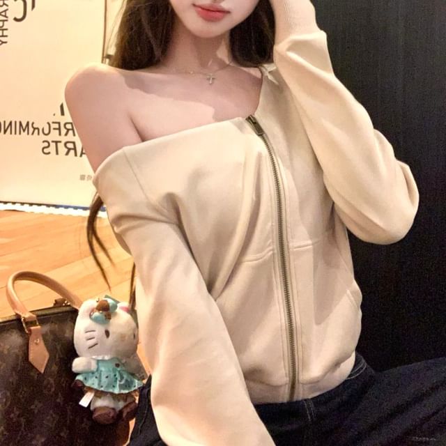 Faiar-Long-Sleeve Zip-Up Plain Crop Top