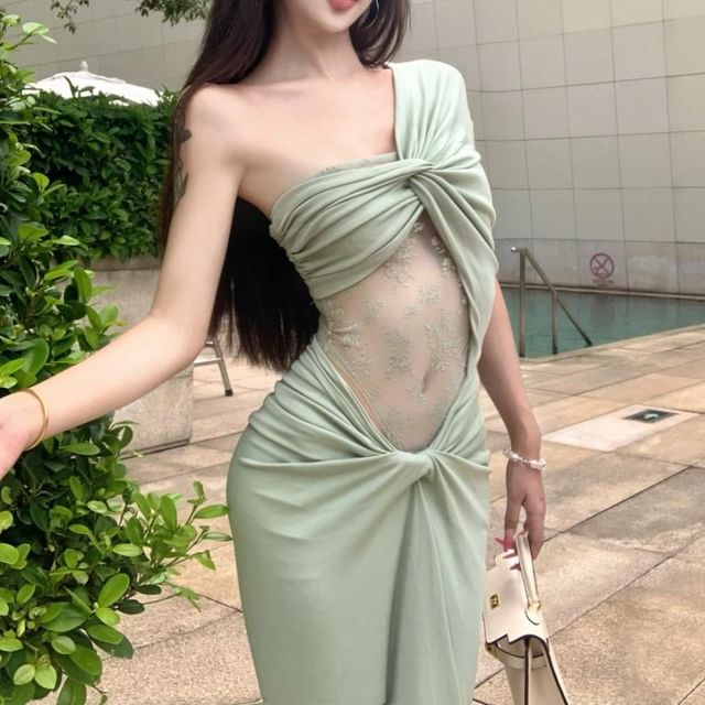 Faiar-One-Shoulder Plain Lace Panel Ruched Knot Maxi Sundress