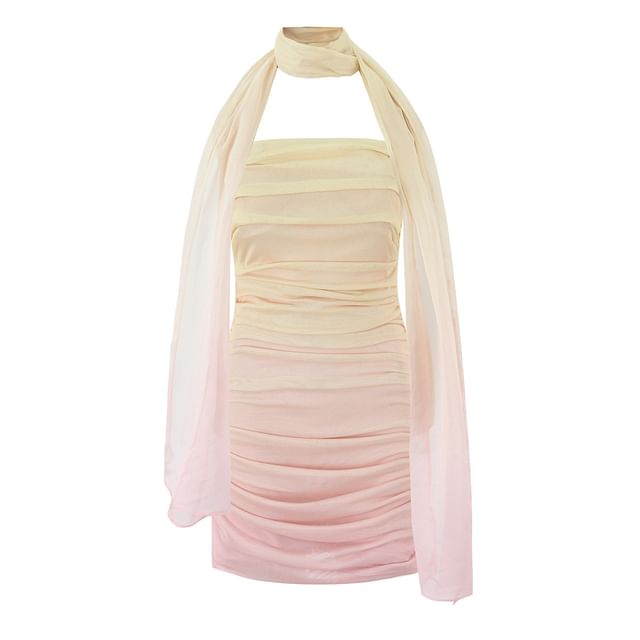 Faiar-Set Strapless Gradient Ruched Mini Bodycon Dress Scarf