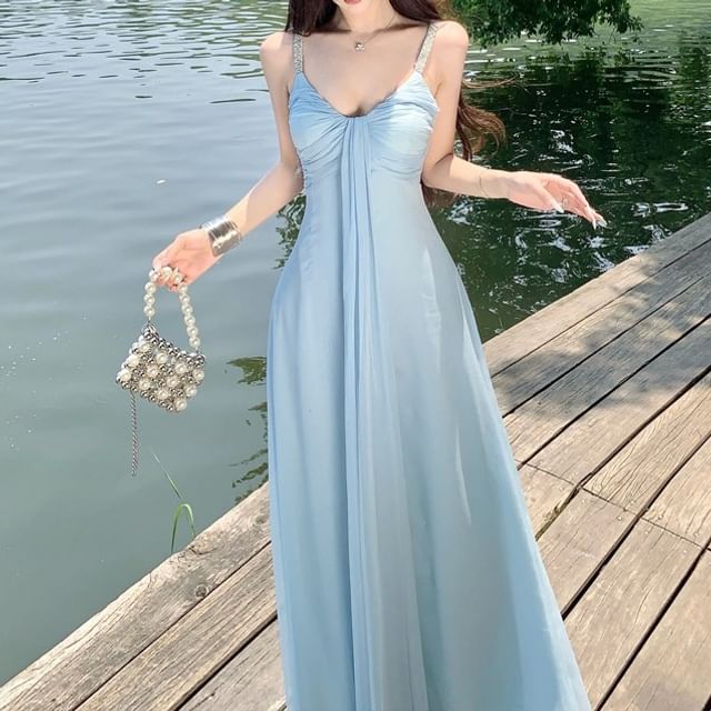 Faiar-Spaghetti Strap Plain Knot Rhinestone Maxi A-Line Dress