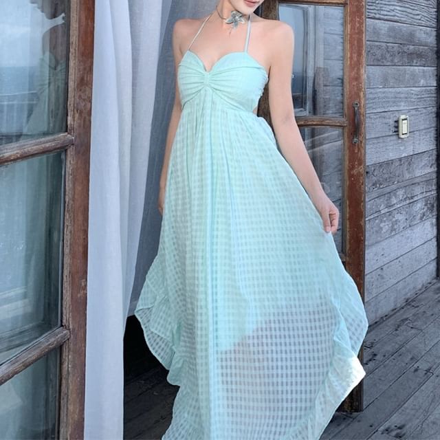 Faiar-Spaghetti Strap Plain Open Back Maxi A-Line Sundress