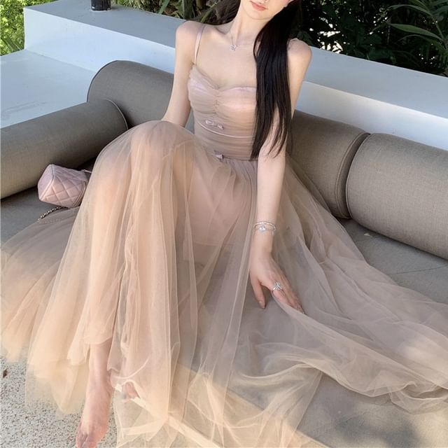 Faiar-Spaghetti Strap Plain Ruched Maxi A-Line Dress