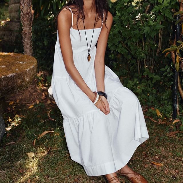 Faiar-Spaghetti Strap Plain Tiered Midi A-Line Dress