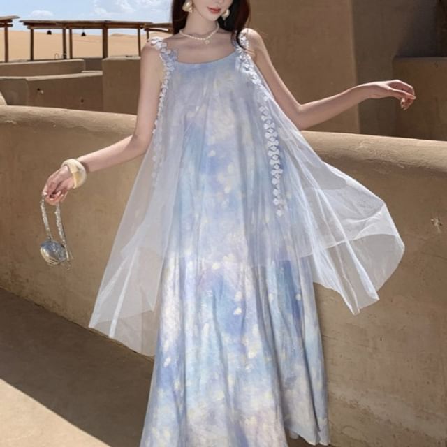 Faiar-Spaghetti Strap Tie Dye Mesh Panel Layered Midi Sundress