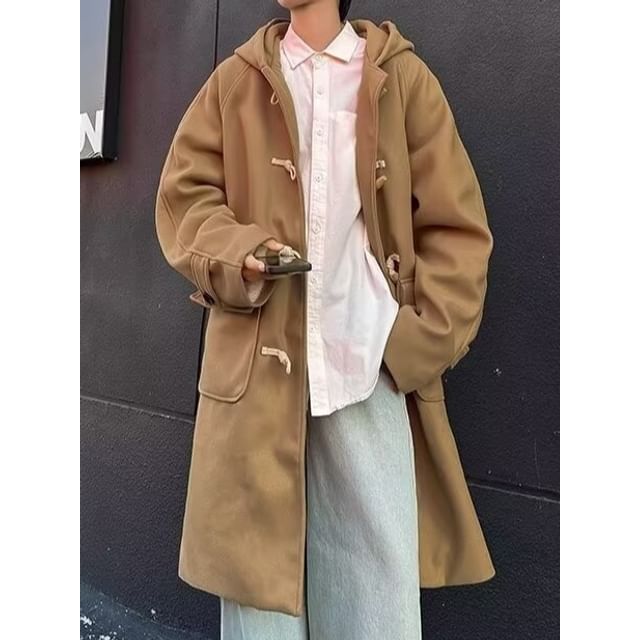 farrahces-Hooded Toggle Plain Long Coat