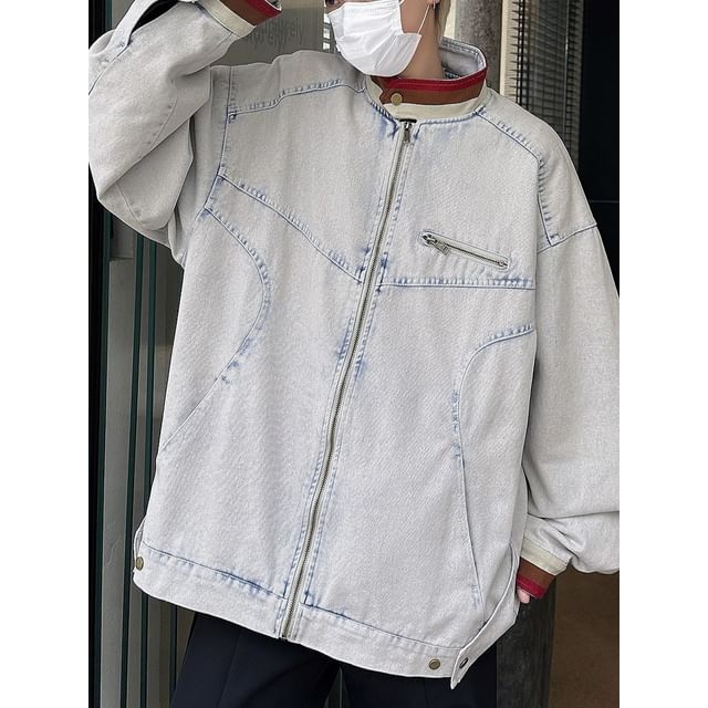 farrahces-Mock Neck Denim Zip-Up Jacket