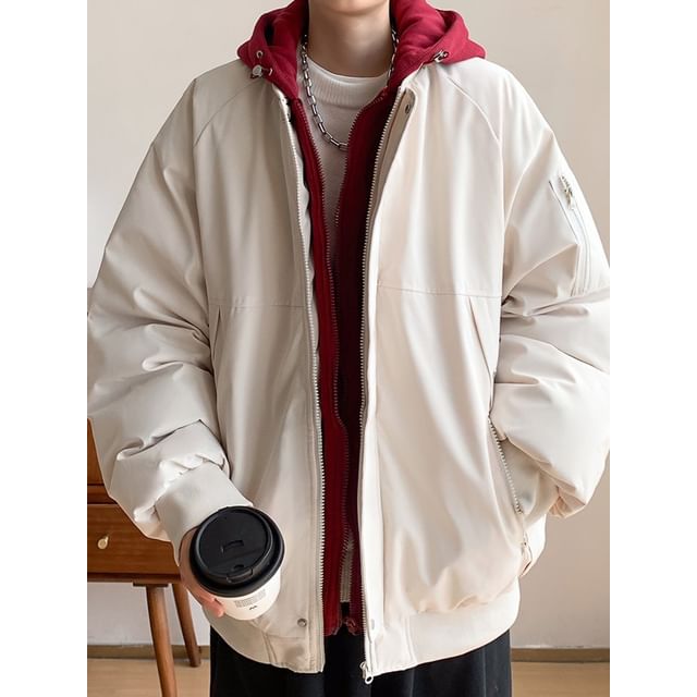 farrahces-Mock Two-Piece Hooded Two Tone Zip-Up Puffer Jacket