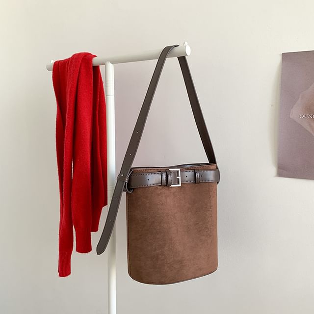 FAYLE-Belted Faux Suede Bucket Bag