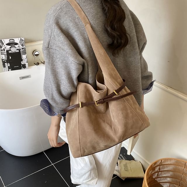 FAYLE-Buckled Faux Suede Tote Bag