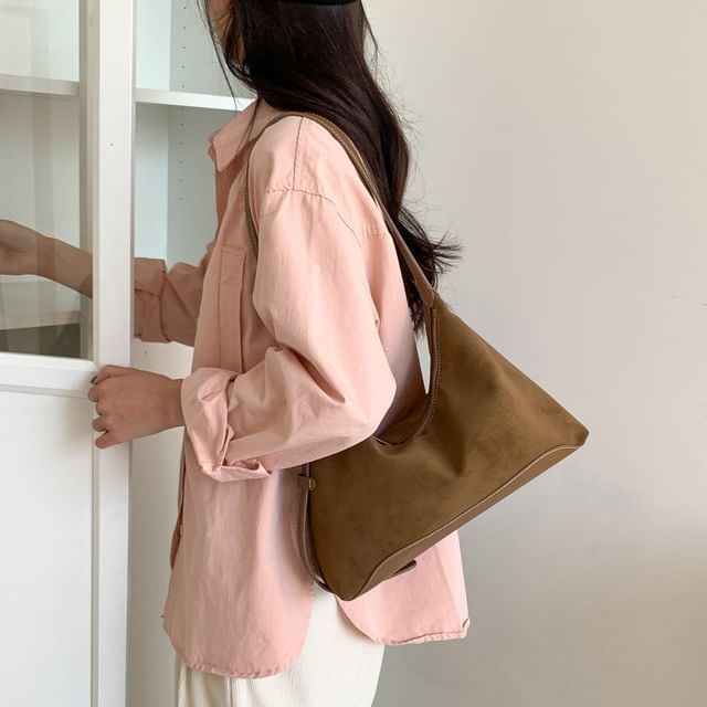 FAYLE-Buckled Panel Faux Suede Shoulder Bag