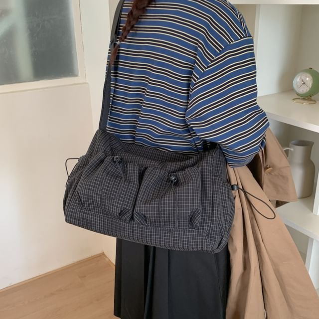 FAYLE-Drawstring Pocket Plaid Fabric Shoulder Bag