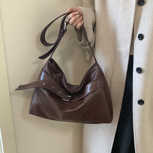 FAYLE-Faux Leather Buckled Plain Shoulder Bag