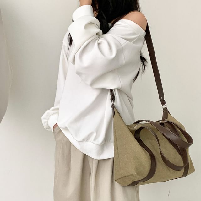 FAYLE-Faux Leather Panel Canvas Tote Bag