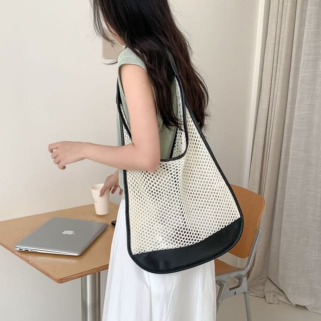 FAYLE-Faux Leather Panel Perforated Tote Bag