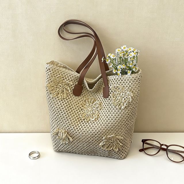FAYLE-Flower Applique Crochet Straw Tote Bag