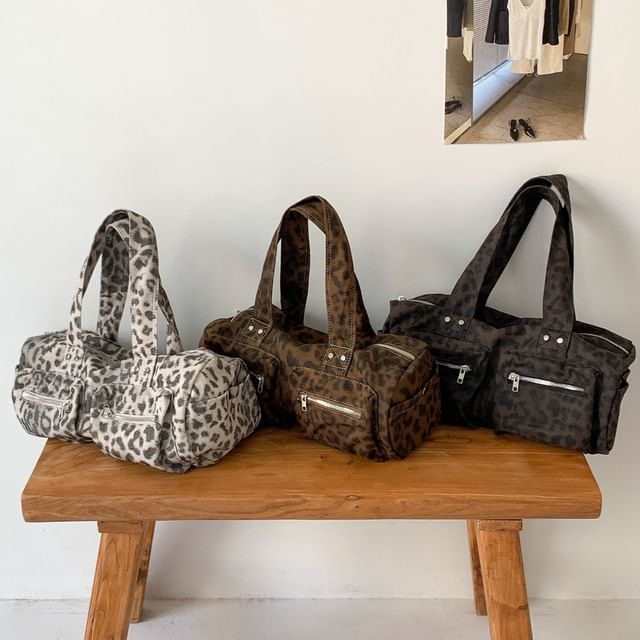 FAYLE-Leopard Print Multi-Pocket Canvas Tote Bag