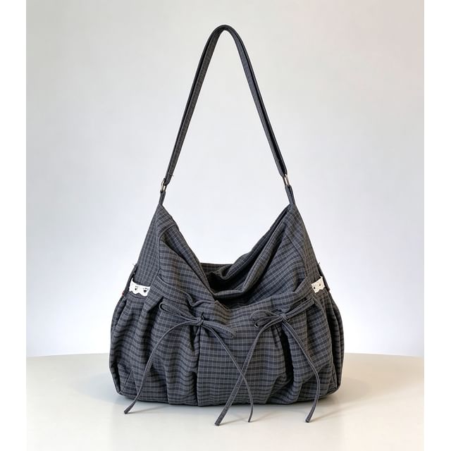 FAYLE-Plaid Ribbon Accent Shoulder Bag