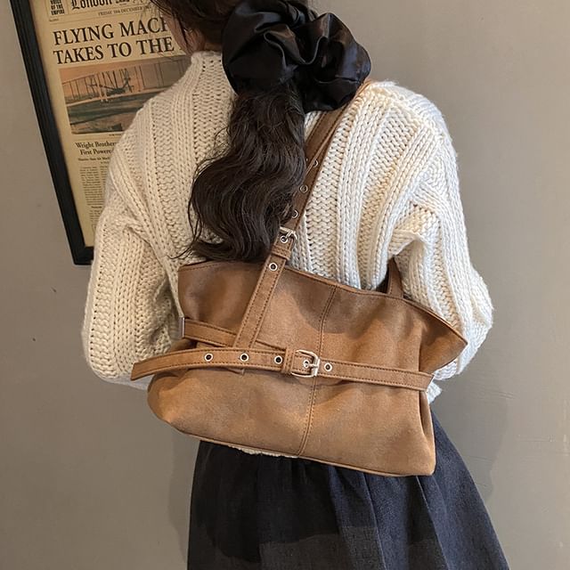 FAYLE-Plain Buckled Faux Suede Tote Bag