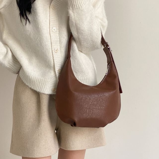 FAYLE-Plain Faux Leather Shoulder Bag