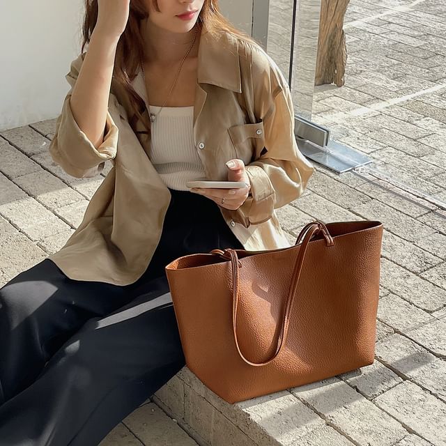 FAYLE-Plain Faux Leather Tote Bag