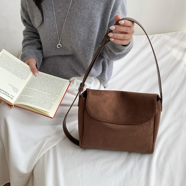 FAYLE-Plain Faux Suede Flap Tote Bag