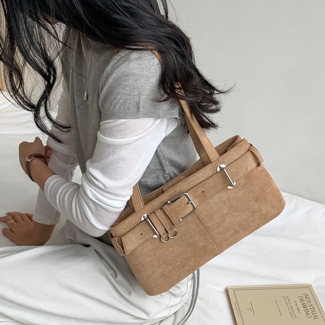 FAYLE-Plain Faux Suede Shoulder Bag
