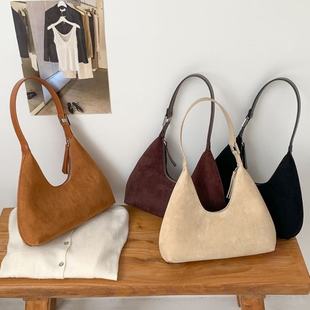 FAYLE-Plain Faux Suede Shoulder Bag
