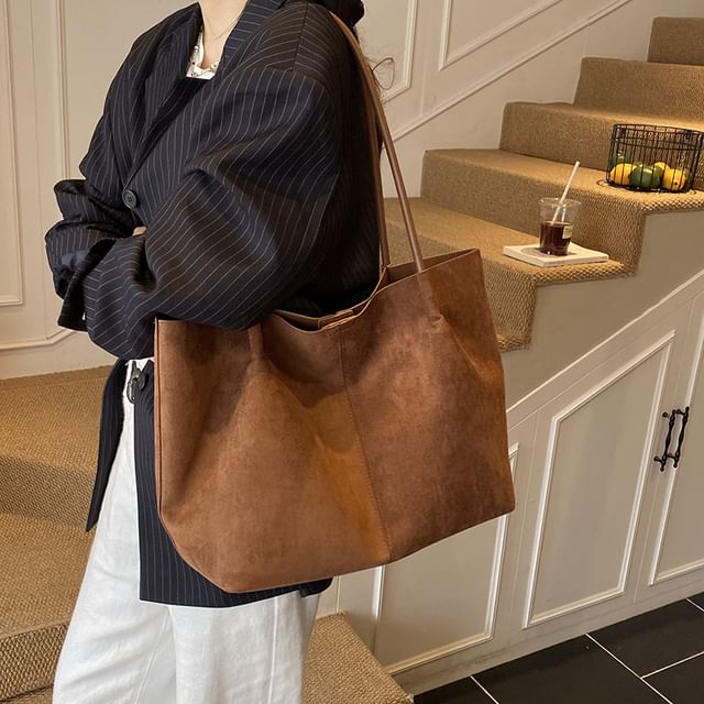 FAYLE-Plain Faux Suede Tote Bag