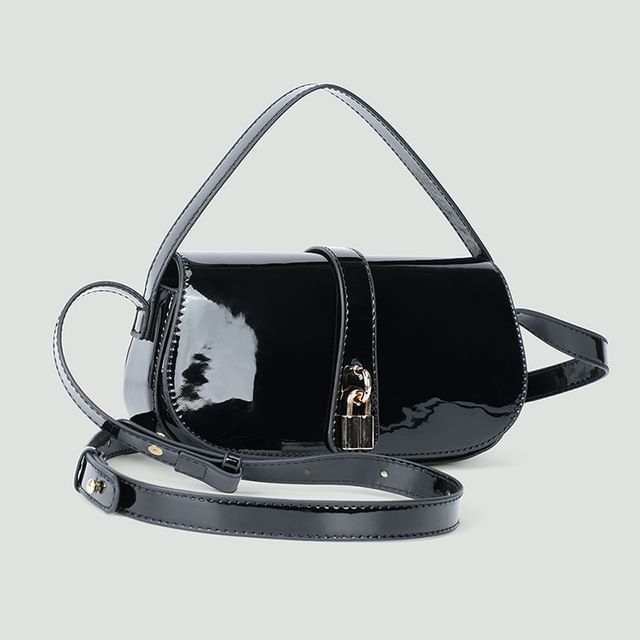 FAYLE-Plain Patent Leather Flap Crossbody Bag